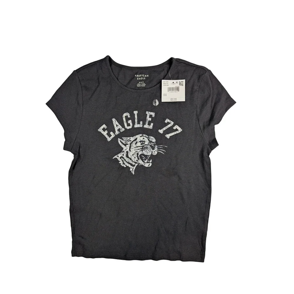 American Eagle Grey Ribbed Graphic Baby Tee Eagle 77 Tiger Short‎ Sleeve Medium